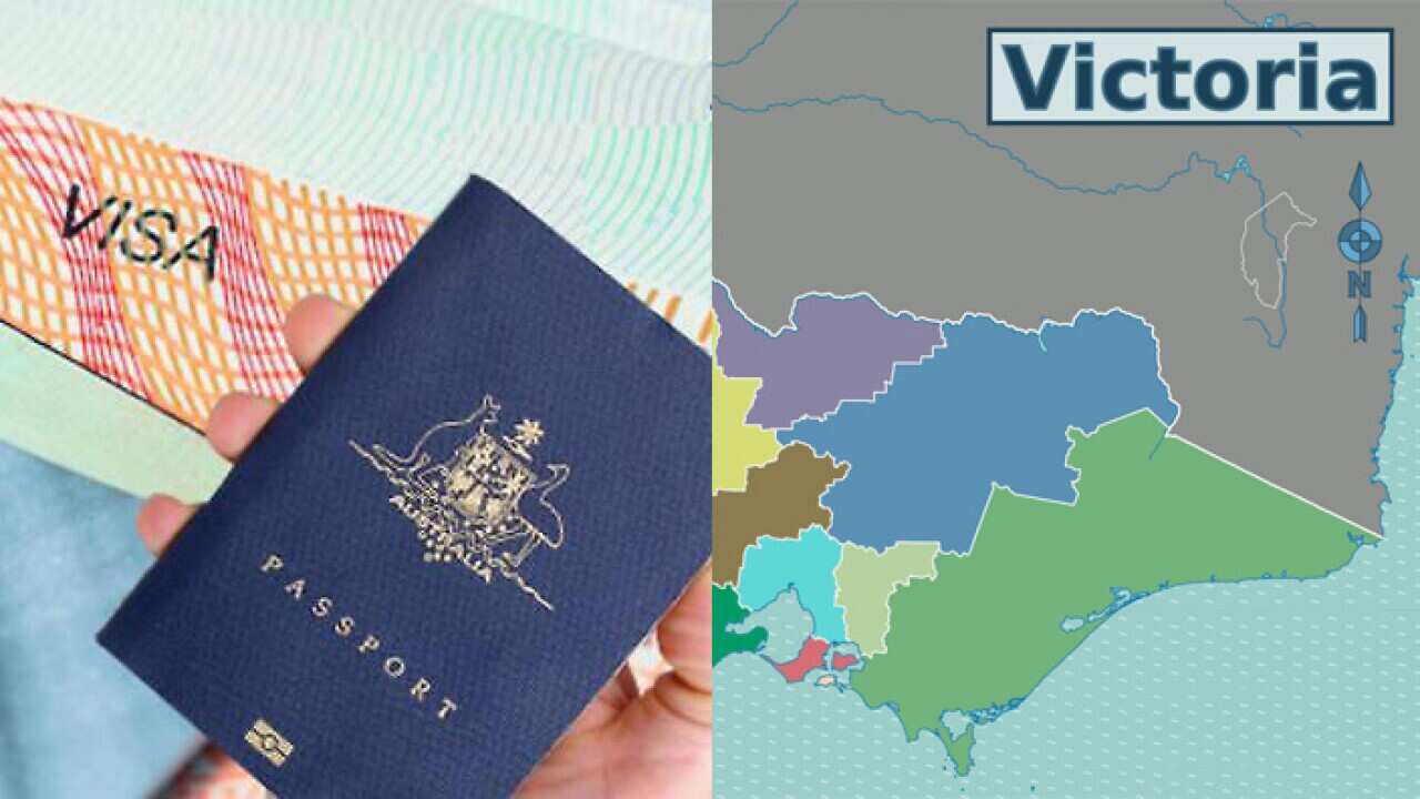 Image of an Australian visa label and the map of Victoria